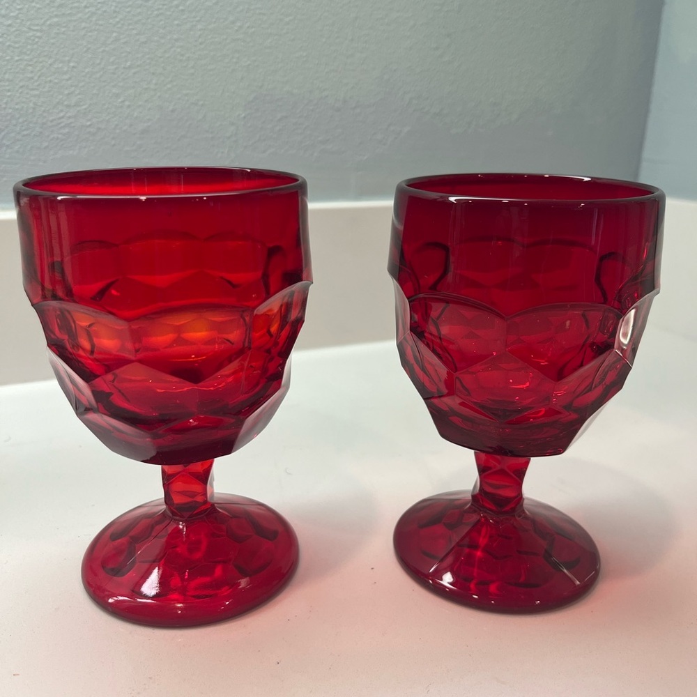 Set of two 5.5" Viking Georgian Ruby Red Glass Water Wine Stemmed Goblets - Picture 1 of 3